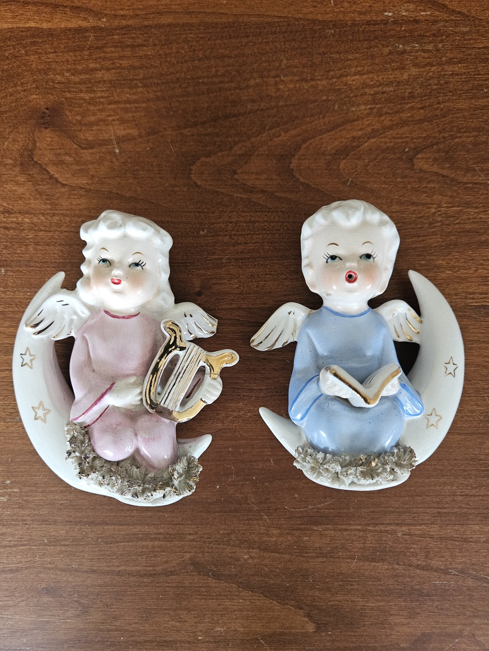 Vintage-Style Pink and Blue Ceramic Angel Wall Plaques - Set of 2